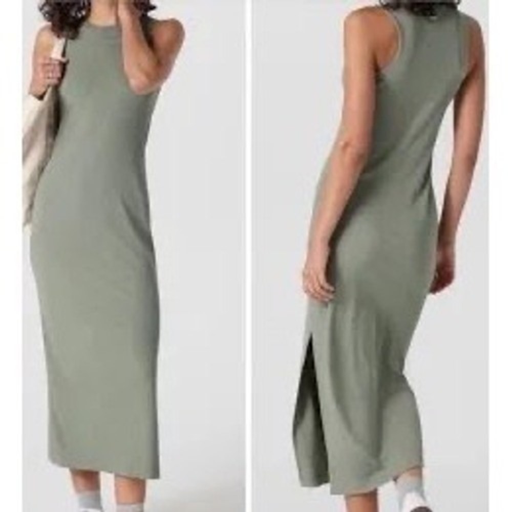 Vuori Ribbed Maxi Dress Women S Sage Green Gorpcore Earthy Slide Slit Minimalist